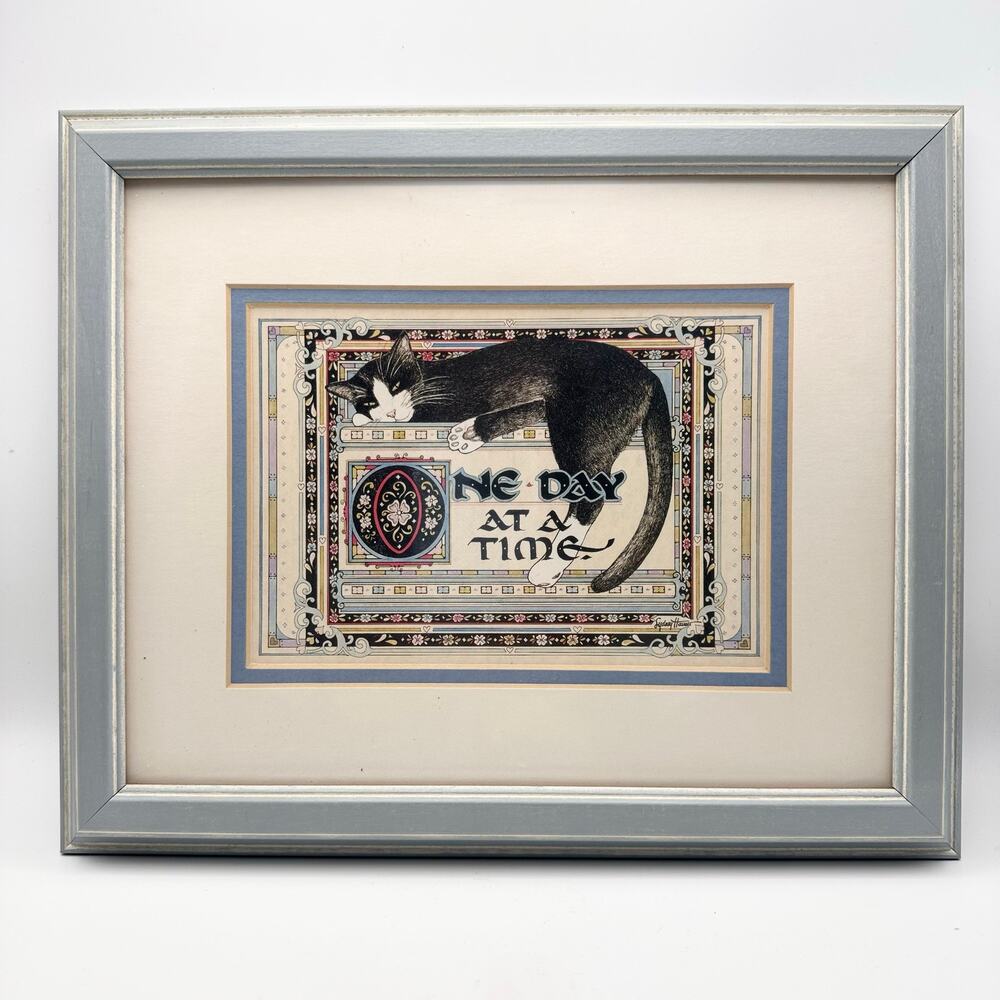 Vintage Ornate Cat Art Nouveau Once Day At A Time Blue Framed Print Motivational